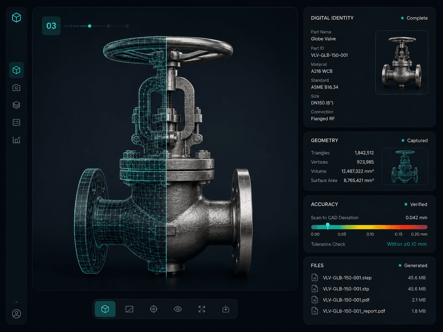 A digital identity dashboard for the part showing its ID, material, standard, geometry and generated files