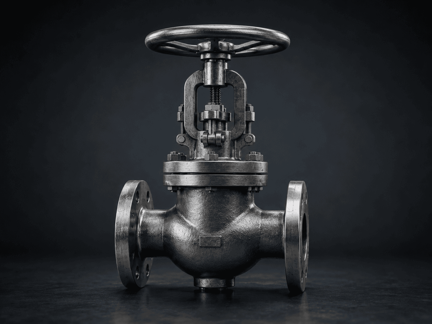 A physical metal globe valve photographed against a dark background